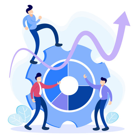 Business concept flat vector illustration. People characters with business activities, income, revenue and expenses in business activities.のイラスト素材