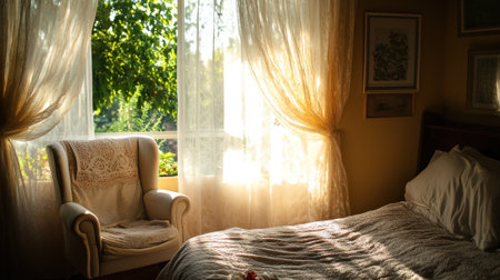 A cozy bedroom with natural light filtering through sheer curtains, highlighting a neatly made bed and a comfy chair. . --ar 16:9 --v 6.1 Job ID: 7177f81b-12f5-4eb1-8bd0-d7c746d90513の素材