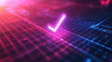 A digital checkmark icon on a luminous grid backdrop, representing a futuristic technology concept. . --ar 16:9 --v 6.1 Job ID: aa3d760f-4734-4e49-b50b-97f26dbe0ad1の素材