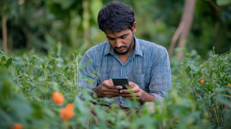 A farmer using his smart phone in the fields remotely . --ar 16:9 --v 6.1 Job ID: ec5cf02a-89f6-4dc5-907e-74ab3f0f8890の素材
