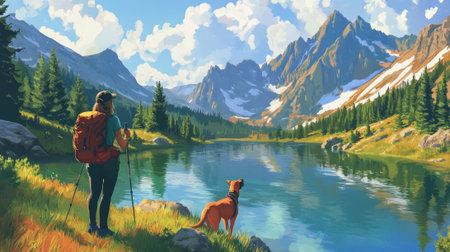 A female hiker and her dog admire a Montana mountain lake . --ar 16:9 --v 6.1 Job ID: de41fe9b-fa7e-465a-bb10-aa896c0d9121の素材