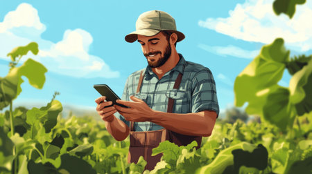 A farmer using his smart phone in the fields remotely . --ar 16:9 --v 6.1 Job ID: ec5cf02a-89f6-4dc5-907e-74ab3f0f8890の素材