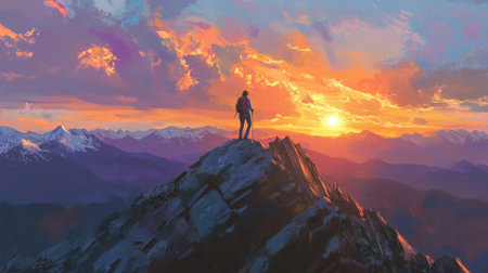 A female hiker stands atop a Montana peak at sunset . --ar 16:9 --v 6.1 Job ID: e2439c23-f5c6-4a26-9919-0d9532a385d7の素材