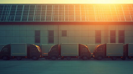A fleet of delivery vans parked in front of a warehouse with solar panels. Modern logistics and efficient transportation solutions. . --ar 16:9 --v 6.1 Job ID: e9023d3f-510a-436f-89a8-0c926bf7f276の素材