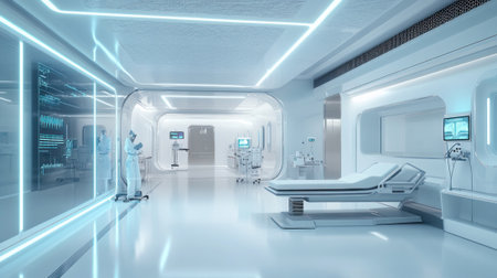A futuristic medical facility with advanced devices, a sterile white environment, and sleek, modern design, showcasing . --ar 16:9 --v 6.1 Job ID: 122ec3ed-e595-424e-b4da-25b39fd3ac55の素材
