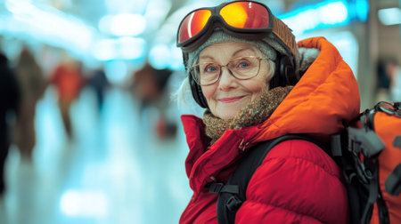 A funny grandma, geared up in ski equipment, ready for departure at the airport. . --ar 16:9 --v 6.1 Job ID: 5c542305-c913-44b2-ab95-44aca3a066f4の素材