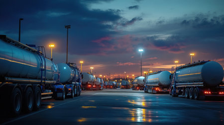 A gas trucking fleet parked at a distribution hub, with drivers preparing to transport liquefied natural gas to local markets . --ar 16:9 --v 6.1 Job ID: e8db4252-1c3d-4670-ae49-923ffd5957b5の素材