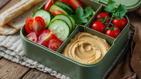 Healthy lunch box with hummus, tomatoes and cucumbers.の素材