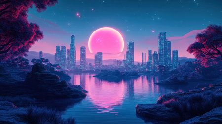A digital painting depicts a futuristic city at night, reflected in a calm lake under a large pink moon and starry sky.の素材