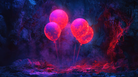 Three luminous red and pink balloons float inside a dark and mysterious cave illuminated with neon light.の素材
