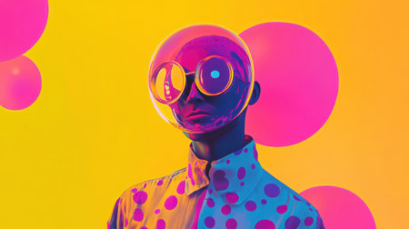 A stylized digital artwork depicting a person wearing a bubble helmet, round sunglasses, and a polka dot shirt against a bright yellow background with pink circles.の素材