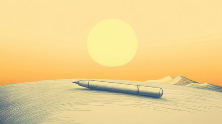 A pen lies on a desert landscape as the sun sets creating a peaceful and contemplative scene.の素材