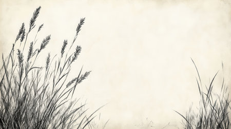 A minimalist black and white pencil sketch depicting wild grasses against a textured background.の素材