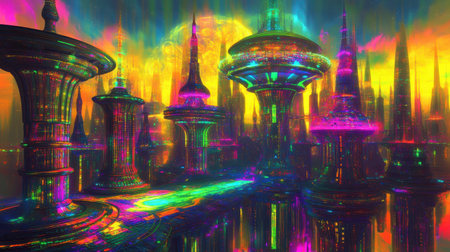 A digital painting depicts a vibrant futuristic city at night under a multicolored moon, showcasing neon-lit towers and unique architecture.の素材