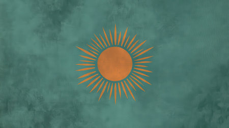 The image shows a stylized sun design in gold or orange on a teal textured background.の素材