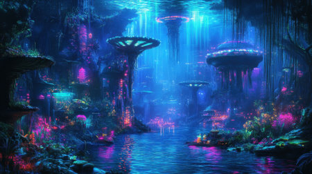A digital painting depicts a fantastical underwater city illuminated by bioluminescent flora and futuristic structures.の素材