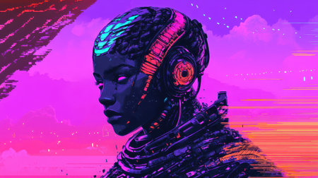 A digital art portrait depicts a stylized cyborg woman with a serious expression against a vibrant cyberpunk backdrop.の素材