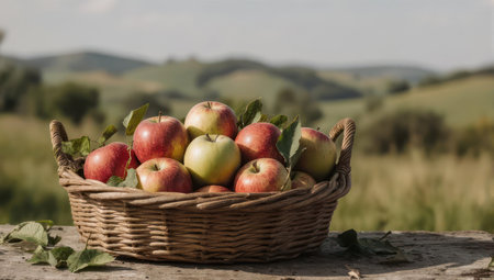 A close up of a wicker basket overflowing with fresh red and green apples sitting on a wooden surface with a beautiful blurry rural landscape in the background.の素材
