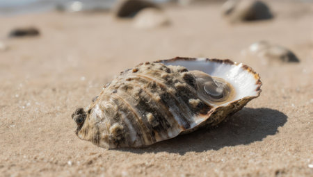 A close up macro shot of a textured oyster shell lying on a sandy beach with a soft focus background. The shell shows its rough exterior and smooth pearlescent interior.の素材