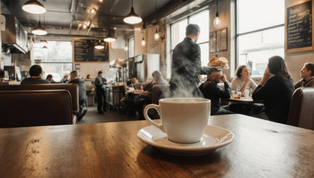 A close-up of a hot coffee cup with steam rising, set on a wooden table in a bustling cafe filled with people enjoying their drinks and conversations.の素材