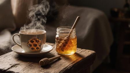 A cozy scene featuring a steaming cup of tea next to a jar of golden honey with a dipper, set on a rustic wooden surface.の素材