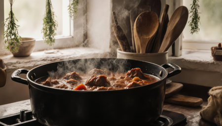 A close-up shot of a black pot filled with a bubbling, steaming stew, placed on a stovetop in a cozy, rustic kitchen setting.の素材
