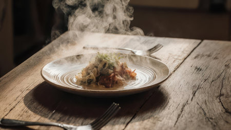 A steaming plate of pasta sits on a rustic wooden table, with a fork and knife nearby, creating a warm and inviting culinary scene.の素材