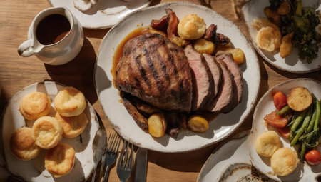 A delicious homemade Sunday roast spread on a rustic wooden table featuring sliced beef with gravy, Yorkshire puddings, and roasted vegetables in warm natural light.の素材