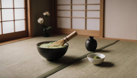 A serene scene depicting the preparation of matcha tea in a traditional Japanese setting, featuring a bamboo whisk in a bowl of powder on a tatami mat.の素材