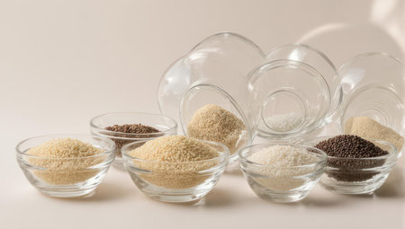 A close-up shot of different types of grains, including rice and other cereals, neatly arranged in small clear glass bowls, set against a clean white backdrop.の素材