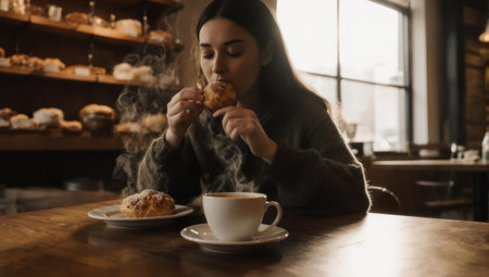 A woman is seen enjoying a croissant and coffee in a cafe setting, with a warm and inviting atmosphere.の素材