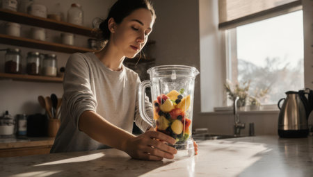A woman is preparing a healthy smoothie with fresh fruits in a blender in her kitchen. She is focused on making a nutritious drink.の素材