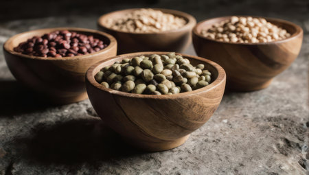 Four wooden bowls filled with various types of legumes, including red beans, green lentils, and other pulses, arranged on a textured, rustic background with natural lighting.の素材