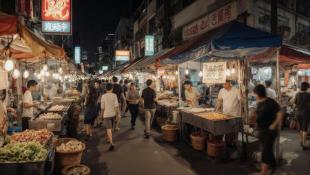 A vibrant night market in an Asian city, illuminated by warm lights, features numerous food stalls and a lively crowd of people browsing and shopping.の素材