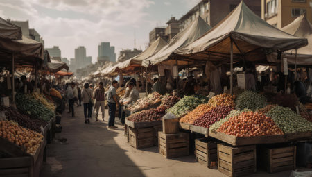 A lively outdoor market scene featuring numerous stalls overflowing with colorful fresh fruits and vegetables, shaded by awnings, with people browsing in the background.の素材