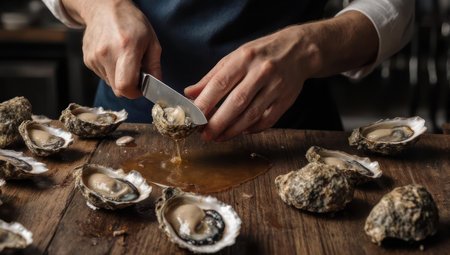 A chef expertly shucks oysters on a wooden board, showcasing culinary skill and the freshness of seafood in a restaurant setting.の素材