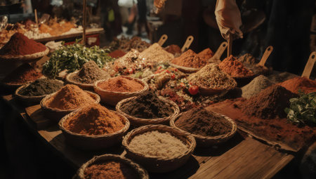 A vibrant and detailed image showcasing a wide variety of spices and herbs in bowls, arranged on a wooden table, creating a visually appealing display.の素材