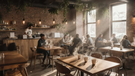 A warm and inviting cafe scene with natural light streaming through the windows. People are seated at wooden tables, enjoying the atmosphere.の素材