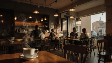 Interior shot of a cafe with a coffee cup on a table, people sitting, and a view of the outside.の素材