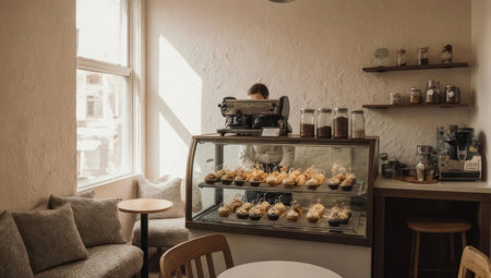 A warm and inviting cafe interior featuring a glass display case with fresh muffins, an espresso machine, and a comfortable seating area by a bright window.の素材