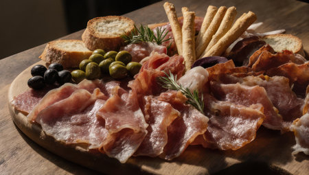 A beautifully arranged charcuterie board featuring prosciutto, salami, olives, bread, and breadsticks. Perfect for a gathering.の素材