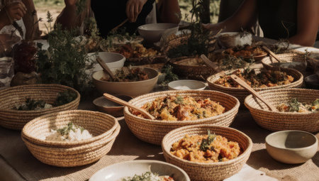 A close-up shot of various dishes served in woven bowls, creating a vibrant and inviting food scene.の素材