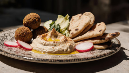 A close up of a rustic plate featuring creamy hummus topped with olive oil, crispy falafel balls, warm pita bread, and fresh radish slices in bright sunlight.の素材