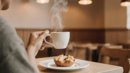 A person holds a steaming white mug of coffee over a small pastry on a plate. The scene is set in a warm, softly lit cafe, creating a cozy and relaxing atmosphere.の素材