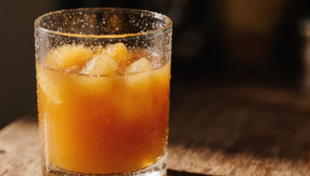 A close-up shot of a Whiskey Smash cocktail, featuring ice cubes and a vibrant orange hue, served in a clear glass on a wooden surface.の素材