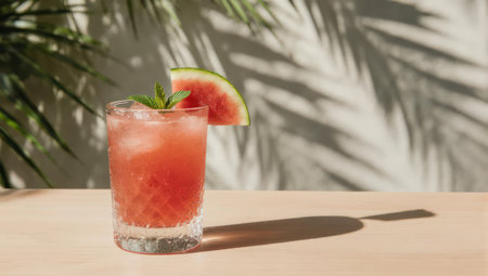 A vibrant watermelon cocktail with mint garnish and ice, set against a backdrop of palm shadows, evokes a summery and refreshing vibe.の素材
