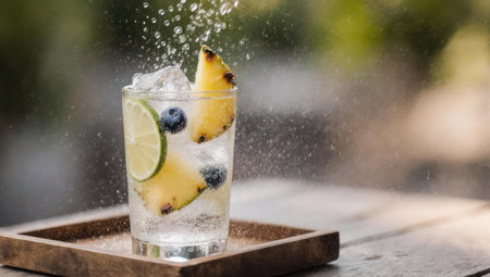A close up of a clear glass filled with ice cubes lime slices pineapple chunks and blueberries with a splash of liquid creating a refreshing summer beverage.の素材