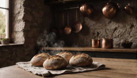 Warm, freshly baked bread sits on a linen cloth in a rustic kitchen setting with copper cookware and a stone wall backdrop.の素材