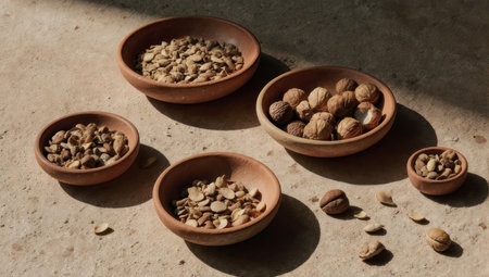 A collection of rustic clay bowls filled with various nuts and seeds, arranged on a textured stone surface under natural light.の素材