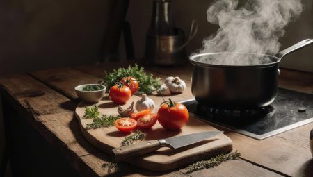 A rustic kitchen counter features a steaming pot on an induction hob, surrounded by fresh ingredients like tomatoes, garlic, and herbs on a wooden cutting board, ready for cooking.の素材